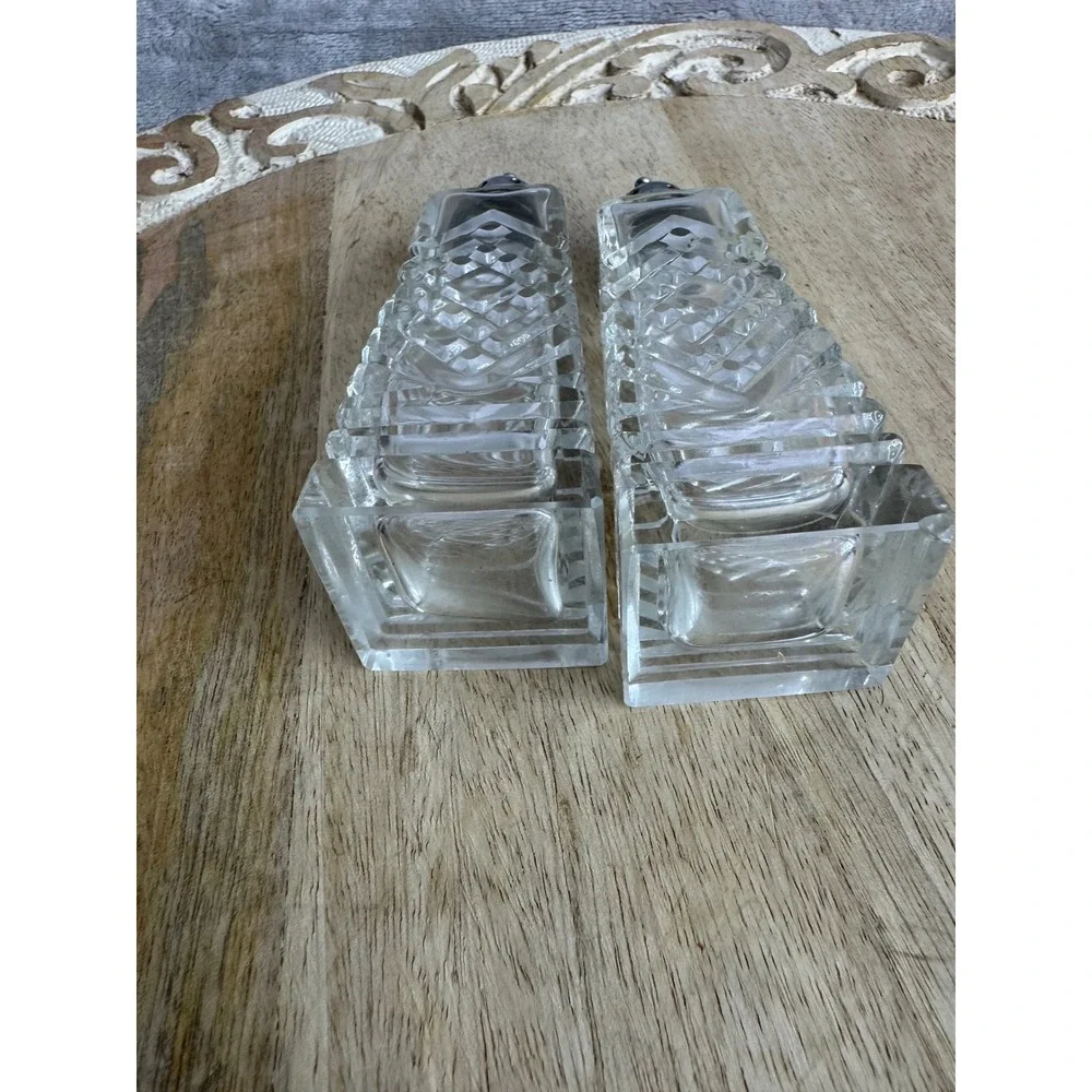Vintage Crystal‎ Glass Salt and Pepper Shakers Set Diamond Cut Square Clear